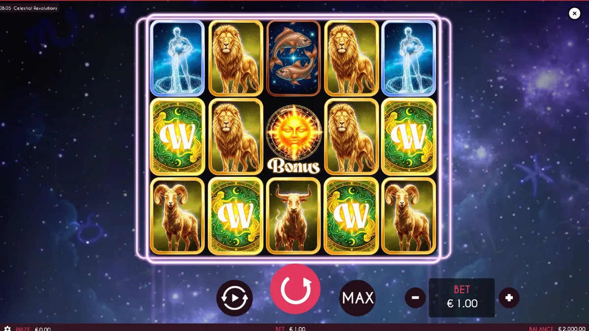 Tampilan visual slot Celestial Revolutions dengan tema zodiak dan kosmik