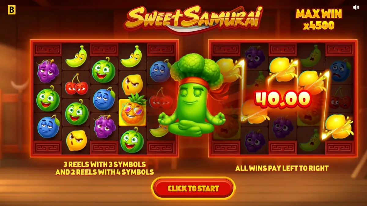 Broccoli Samurai berdiri di depan grid slot Sweet Samurai yang penuh dengan buah-buahan segar.