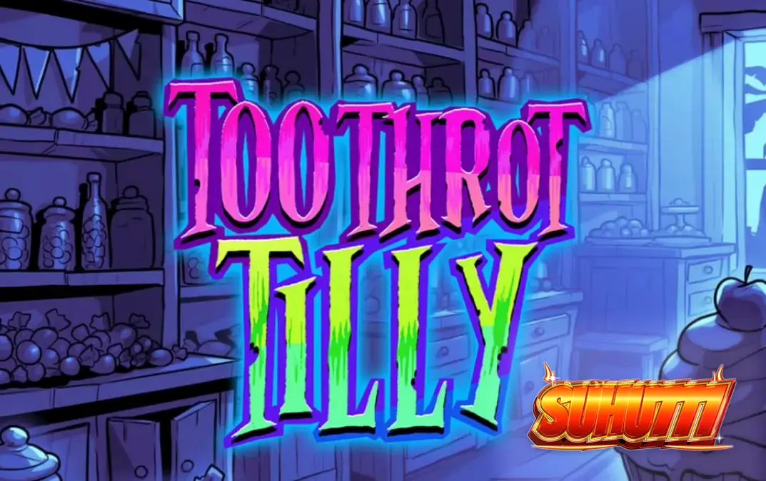 Tampilan visual slot Toothrot Tilly dengan elemen permen neon dan karakter Tilly