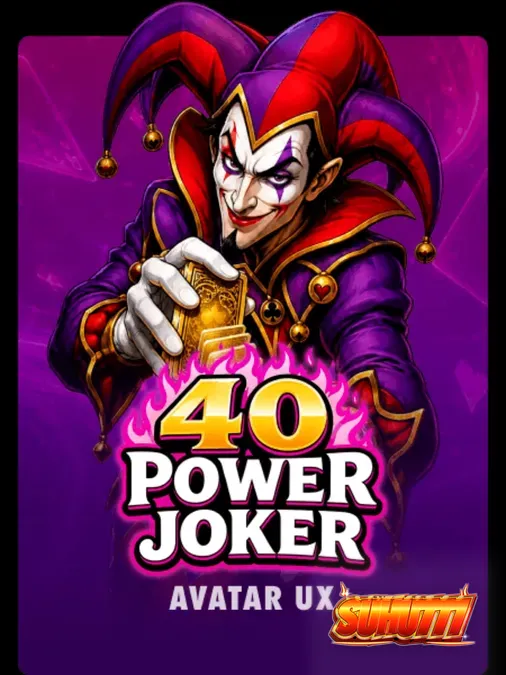 Tampilan visual neon retro dari slot 40 Power Joker dengan simbol buah klasik dan jackpot.